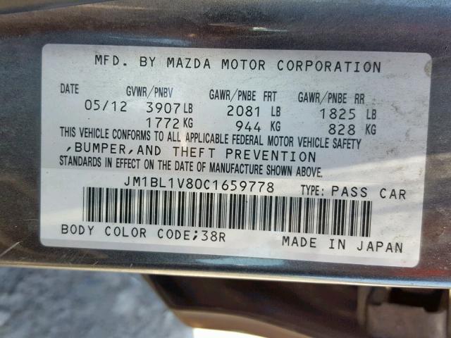 JM1BL1V80C1659778 - 2012 MAZDA 3 I CHARCOAL photo 10