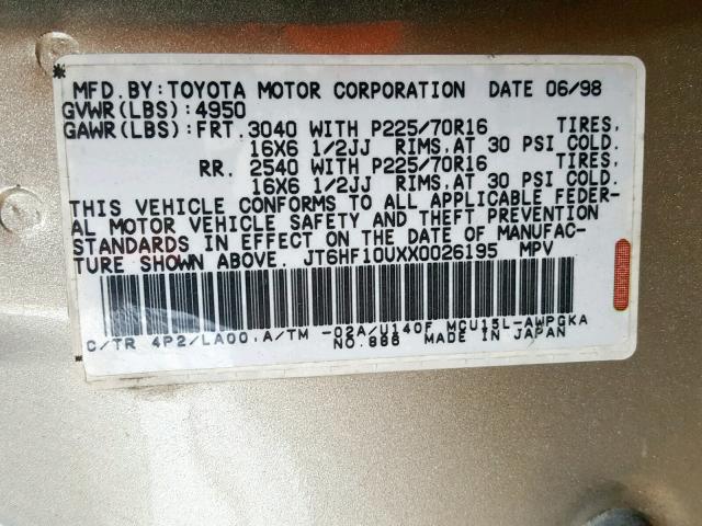 JT6HF10UXX0026195 - 1999 LEXUS RX 300 GOLD photo 10