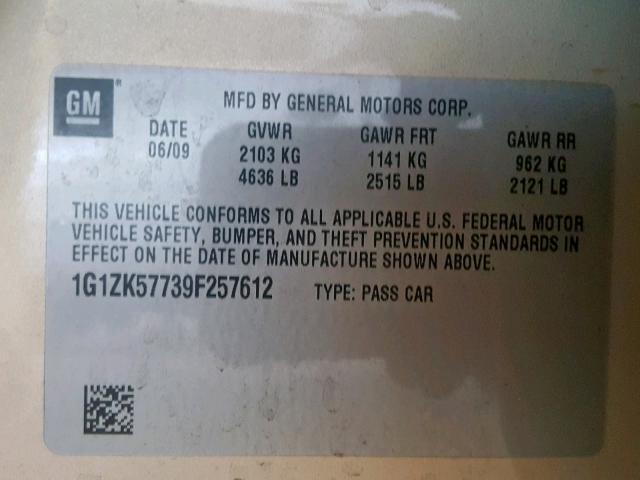 1G1ZK57739F257612 - 2009 CHEVROLET MALIBU LTZ ოქროსფერი ფოტო 10