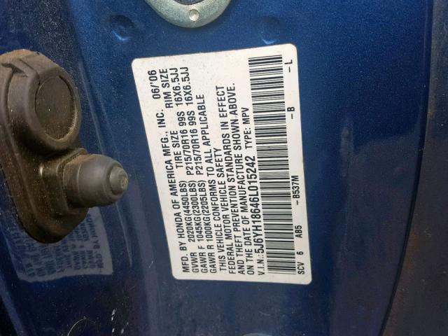 5J6YH18646L015242 - 2006 HONDA ELEMENT EX BLUE photo 10