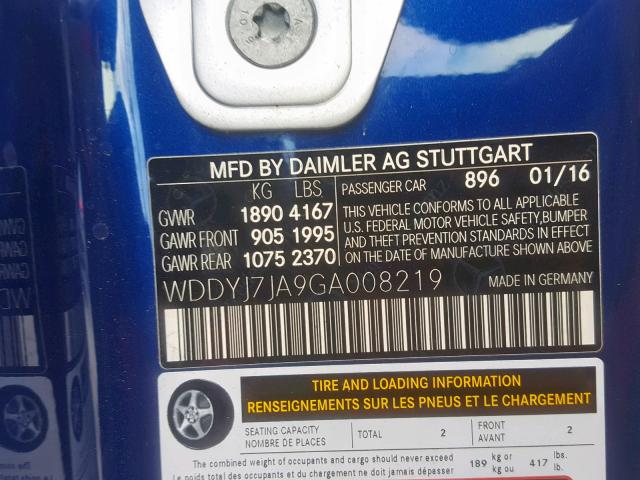 WDDYJ7JA9GA008219 - 2016 MERCEDES-BENZ AMG GT S BLUE photo 10