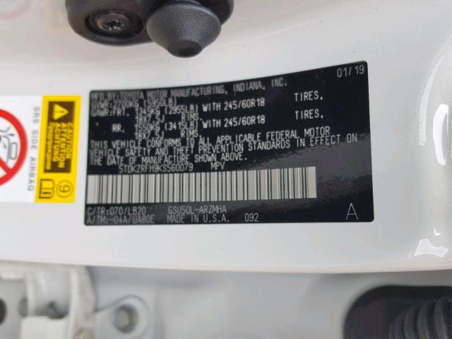 5TDKZRFH9KS560079 - 2019 TOYOTA HIGHLANDER WHITE photo 10