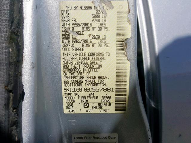 5N1ED28T02C557881 - 2002 NISSAN XTERRA XE SILVER photo 10