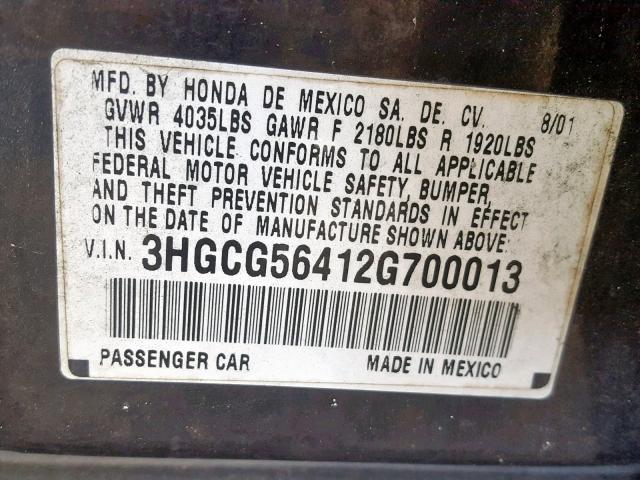 3HGCG56412G700013 - 2002 HONDA ACCORD LX BLACK photo 10