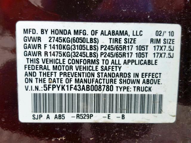 5FPYK1F43AB008780 - 2010 HONDA RIDGELINE MAROON photo 10