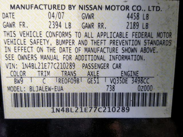 1N4BL21E77C210289 - 2007 NISSAN ALTIMA 3.5 BLUE photo 10