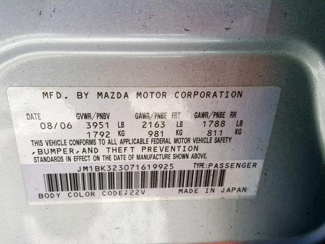 JM1BK323071619925 - 2007 MAZDA 3 S SILVER photo 10