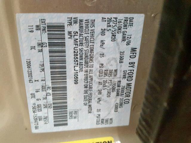 5LMFU28557LJ10599 - 2007 LINCOLN NAVIGATOR კრემისფერი ფოტო 10