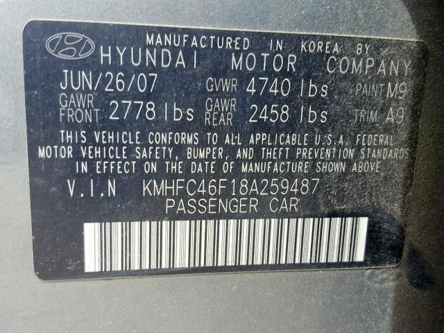 KMHFC46F18A259487 - 2008 HYUNDAI AZERA SE GRAY photo 10