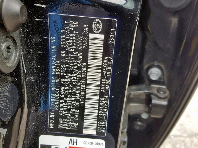 4T1BD1EB3EU030859 - 2014 TOYOTA AVALON HYB BLACK photo 10