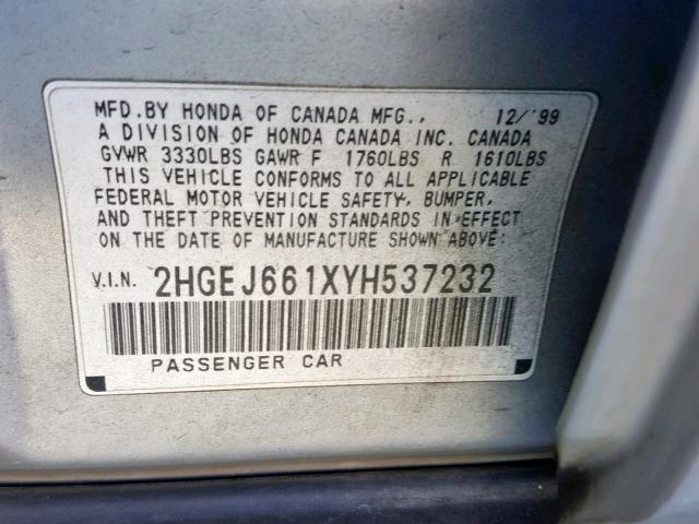 2HGEJ661XYH537232 - 2000 HONDA CIVIC BASE SILVER photo 10