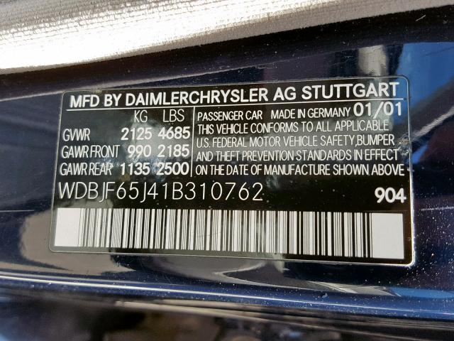 WDBJF65J41B310762 - 2001 MERCEDES-BENZ E 320 BLUE photo 10