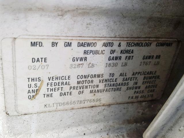 KL1TD66657B776596 - 2007 CHEVROLET AVEO BASE Ağ foto 10