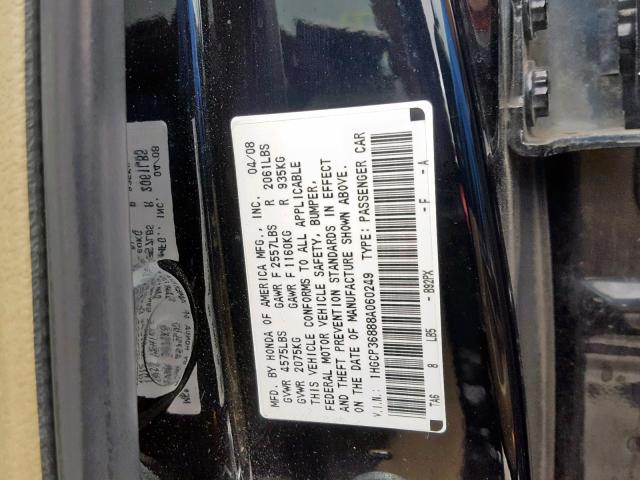 1HGCP36888A060249 - 2008 HONDA ACCORD EXL BLACK photo 10