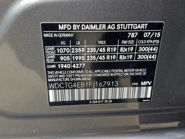 WDCTG4EB1FJ167913 - 2015 MERCEDES-BENZ GLA 250 GRAY photo 10