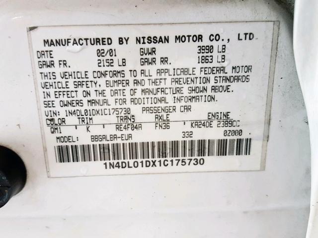 1N4DL01DX1C175730 - 2001 NISSAN ALTIMA XE WHITE photo 10