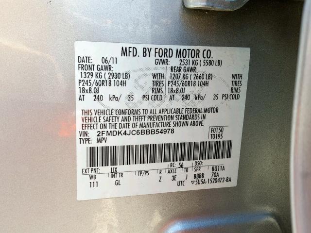 2FMDK4JC6BBB54978 - 2011 FORD EDGE SEL SILVER photo 10