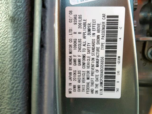 JHMCP26848C056856 - 2008 HONDA ACCORD EXL TEAL photo 10