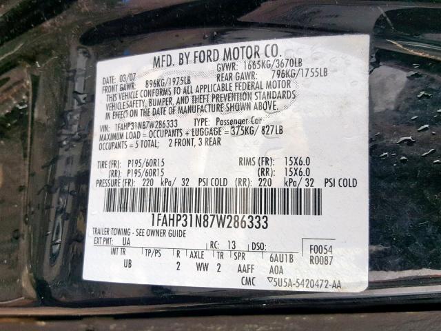 1FAHP31N87W286333 - 2007 FORD FOCUS ZX3 BLACK photo 10