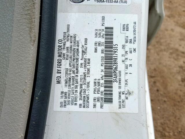 3FAHP06Z89R179315 - 2009 FORD FUSION S WHITE photo 10