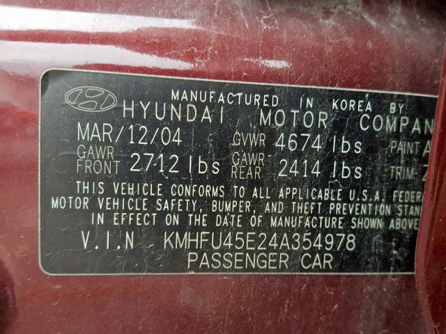 KMHFU45E24A354978 - 2004 HYUNDAI XG 350 BURGUNDY photo 10