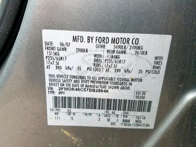 2FMDK46C57BB28646 - 2007 FORD EDGE SE GRAY photo 10