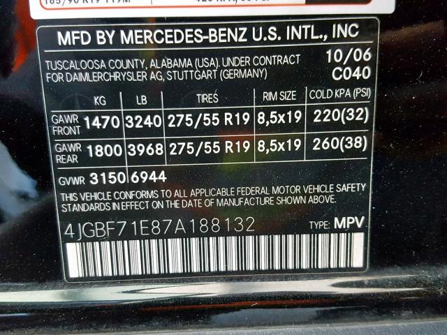 4JGBF71E87A188132 - 2007 MERCEDES-BENZ GL 450 4MA BLACK photo 10