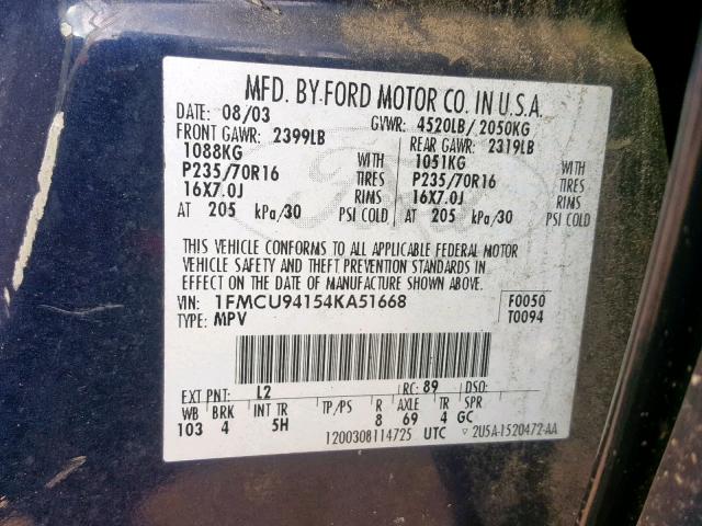 1FMCU94154KA51668 - 2004 FORD ESCAPE LIM BLUE photo 10