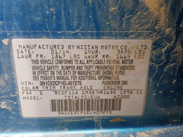 3N1CE2CP1EL407275 - 2014 NISSAN VERSA NOTE TEAL photo 10