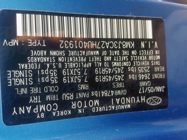 KM8J3CA27HU401932 - 2017 HYUNDAI TUCSON LIM BLUE photo 10