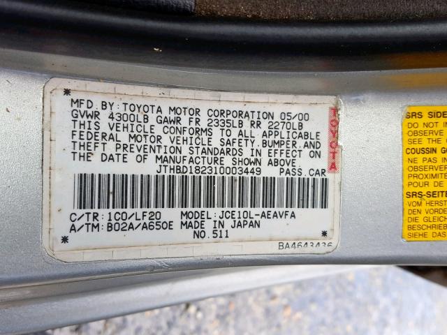 JTHBD182310003449 - 2001 LEXUS IS 300 SILVER photo 10