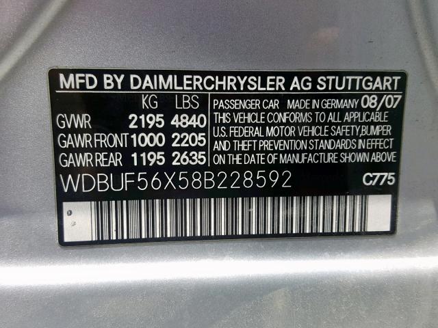 WDBUF56X58B228592 - 2008 MERCEDES-BENZ E 350 SILVER photo 10