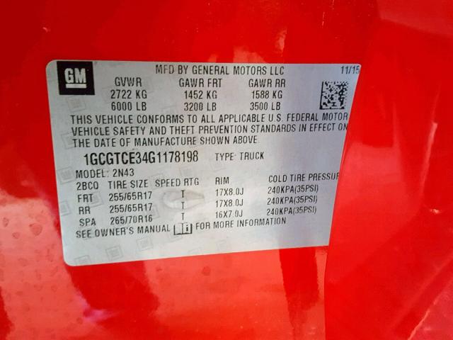 1GCGTCE34G1178198 - 2016 CHEVROLET COLORADO L RED photo 10