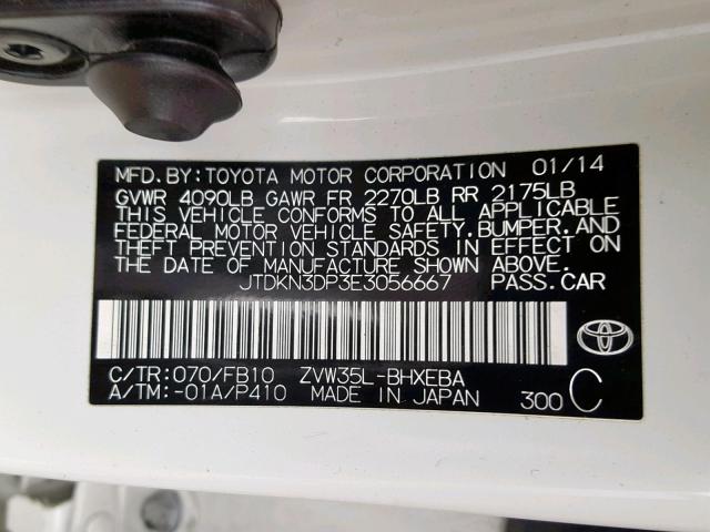 JTDKN3DP3E3056667 - 2014 TOYOTA PRIUS PLUG WHITE photo 10