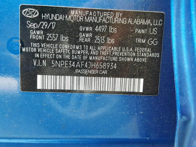 5NPE34AF4JH658934 - 2018 HYUNDAI SONATA SPO BLUE photo 10