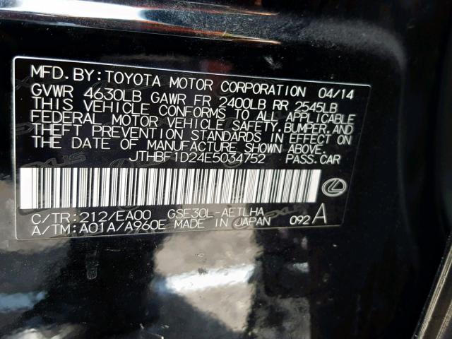 JTHBF1D24E5034752 - 2014 LEXUS IS 250 BLACK photo 10