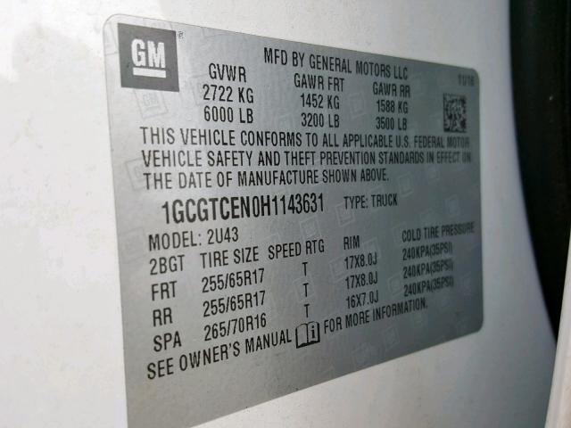 1GCGTCEN0H1143631 - 2017 CHEVROLET COLORADO L WHITE photo 10