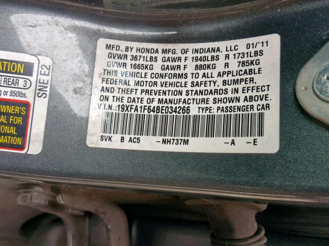 19XFA1F64BE034266 - 2011 HONDA CIVIC LX-S Boz foto 10