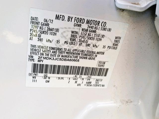 2FMDK3JC5DBA60605 - 2013 FORD EDGE SEL WHITE photo 10