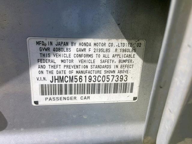 JHMCM56193C057393 - 2003 HONDA ACCORD DX SILVER photo 10