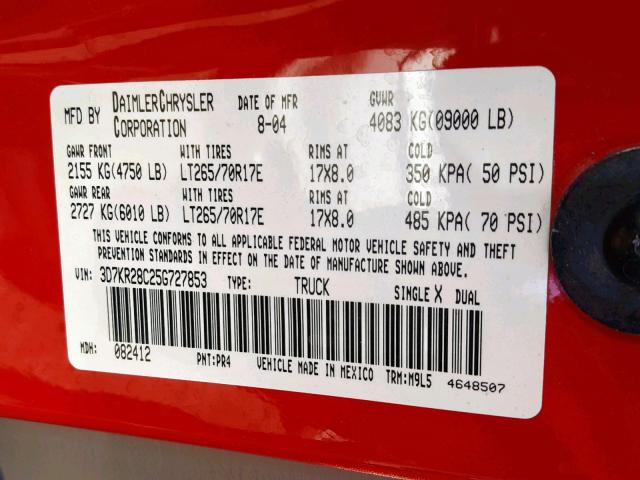 3D7KR28C25G727853 - 2005 DODGE RAM 2500 S წითელი ფოტო 10