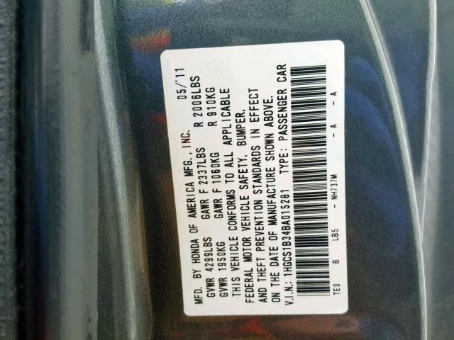 1HGCS1B34BA015281 - 2011 HONDA ACCORD LX- GRAY photo 10