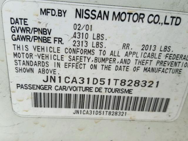 JN1CA31D51T828321 - 2001 NISSAN MAXIMA GXE WHITE photo 10