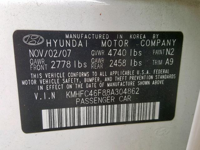 KMHFC46F88A304862 - 2008 HYUNDAI AZERA SE WHITE photo 10