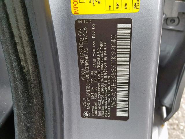 WBANE53597CK92040 - 2007 BMW 525 I GRAY photo 10