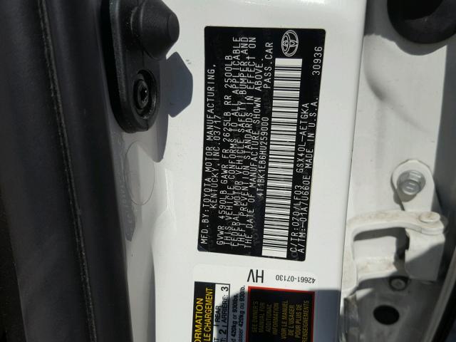 4T1BK1EB6HU259000 - 2017 TOYOTA AVALON XLE WHITE photo 10