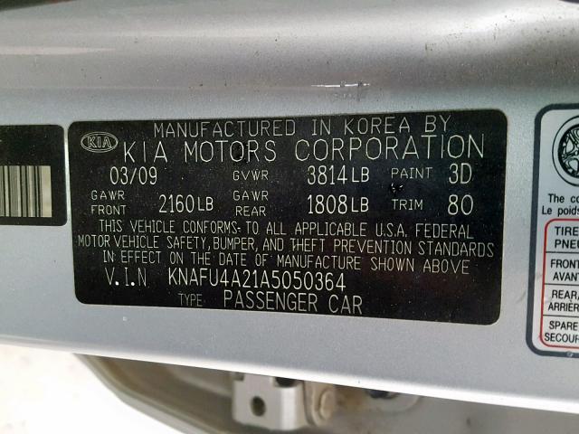 KNAFU4A21A5050364 - 2010 KIA FORTE EX SILVER photo 10