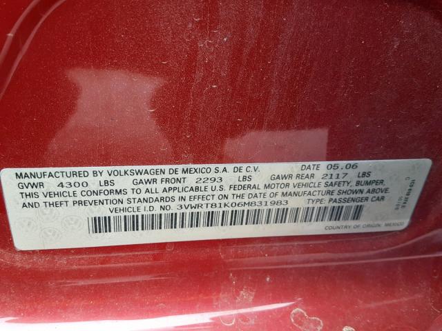 3VWRT81K06M831983 - 2006 VOLKSWAGEN JETTA TDI RED photo 10