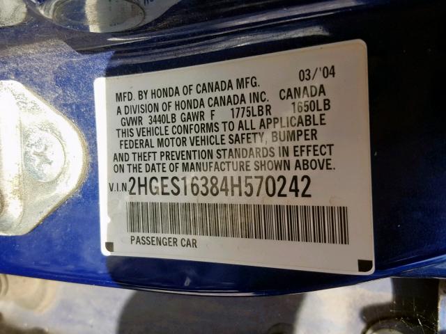 2HGES16384H570242 - 2004 HONDA CIVIC DX V BLUE photo 10