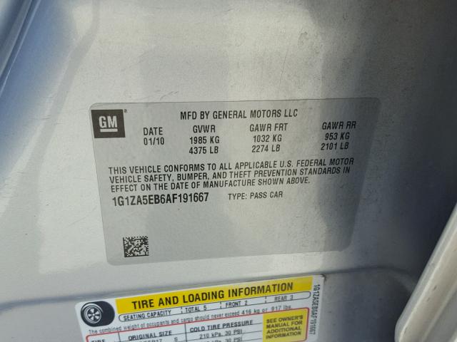 1G1ZA5EB6AF191667 - 2010 CHEVROLET MALIBU LS 灰色 照片 10